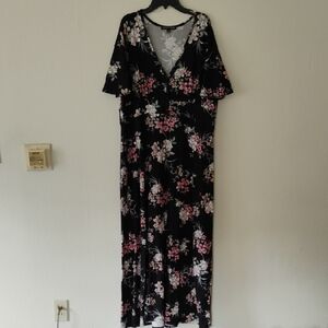 Plus Size 2XL Long Dress Black Floral Stretch Rayon